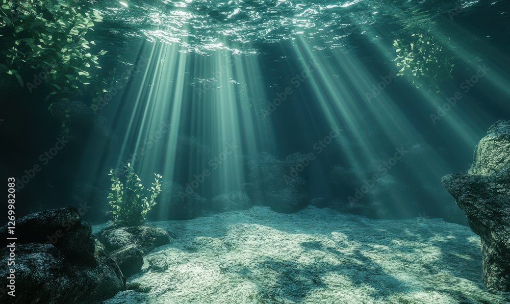 Poster deep ocean view with sunlight streaming through water, creating a tranquil underwater atmosphere
