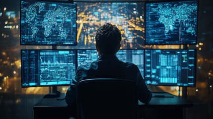 Data analyst working at night in a dark room with multiple screens displaying digital information and city lights in the background