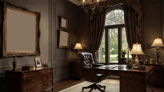 Victorian-style home office with dark wooden furniture and a classic atmosphere.