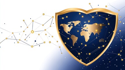 Golden world map inside shield with connecting network illustration