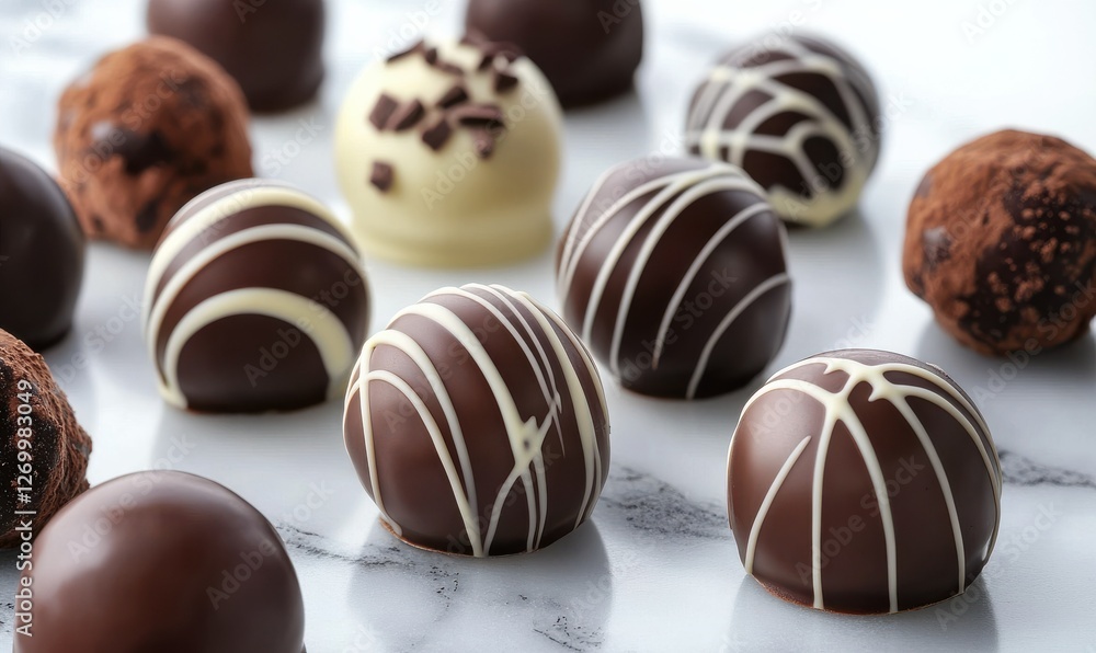 Poster glossy chocolate truffles with a mix of cocoa dusting and smooth textures, arranged elegantly on a m