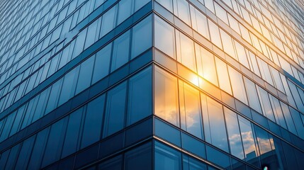Buildings, close-up of modern skyscraper windows reflecting sunlight