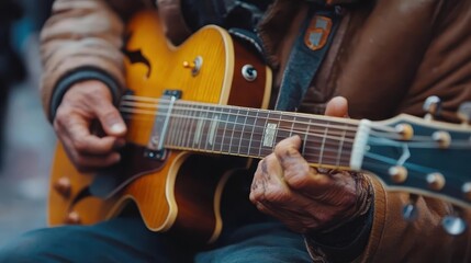 Obraz premium Candid shots, close-up of hands playing a guitar, street performer in focus