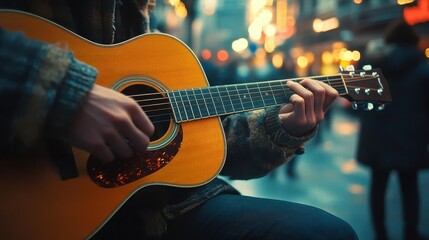 Naklejka premium Candid shots, close-up of hands playing a guitar, street performer in focus