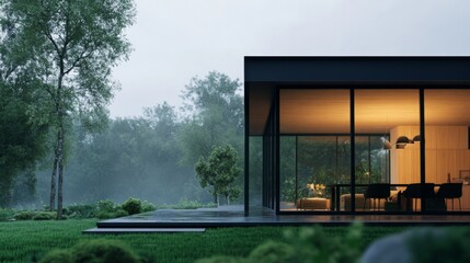 Fototapeta premium Modern House in Misty Forest; Interior Light, Tranquil Setting; Architectural Photography