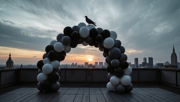 Monochrome balloon arch with pigeon on urban rooftop at dusk, modern love