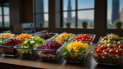 Fresh vegetable salads in glass bowls on a wooden table.