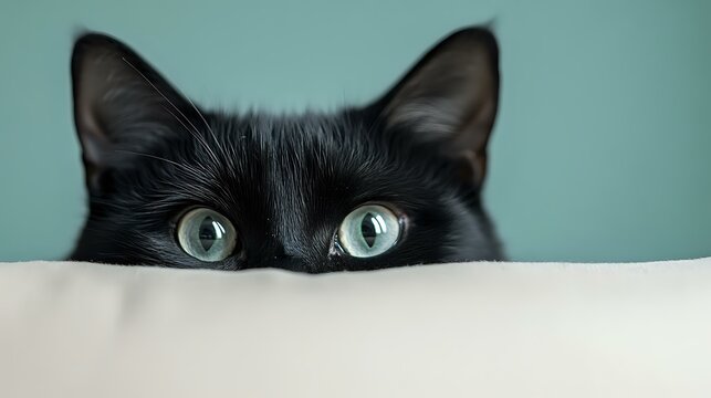 Black cat with bright blue eyes peeking over white surface against turquoise background, creating mysterious and playful mood for pet photography and social media content.