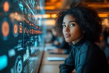 Young African American female data scientist analyzing digital information on virtual screen with glowing charts and statistics in modern office.