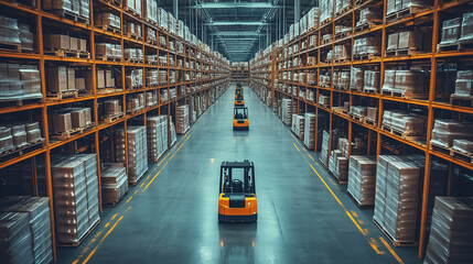 Forklifts maneuvering through a large warehouse filled with neatly stacked pallets in an organized space