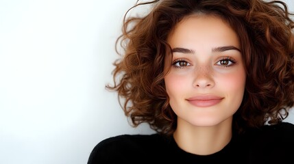 Fototapeta premium Young Mediterranean woman with curly brown hair and natural makeup smiling warmly at camera wearing black top against white background. Professional headshot style portrait.