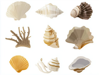 Fototapeta premium Icônes de coquillages sur fond blanc, flat design