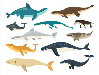Obraz premium Icônes de dinosaures marins sur fond blanc, flat design