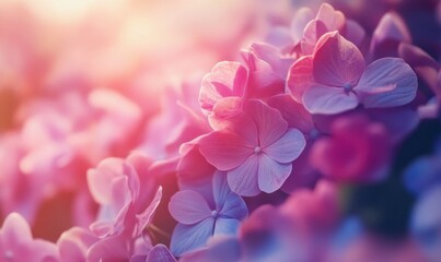 Obraz premium Close-up of vibrant hydrangeas in full bloom, soft natural light enhancing the rich colors, peaceful and fresh atmosphere, clean and artistic, sharp and vibrant