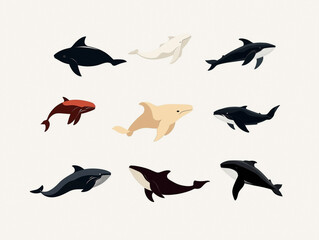 Fototapeta premium Icônes de baleines sur fond blanc, flat design