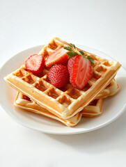Homemade waffles topped with fresh strawberries on white dish with soft diffused lighting_5