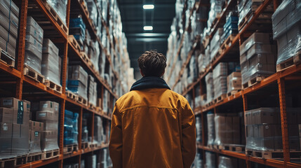 Obraz premium Person in yellow jacket exploring a warehouse filled with neatly stacked boxes during evening