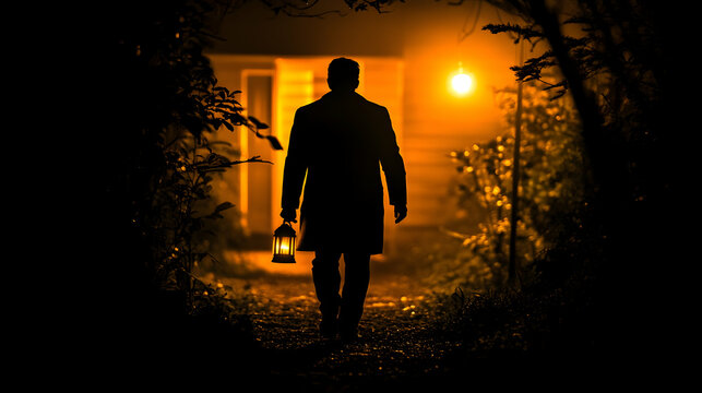 Man with lantern walks towards house at night; mystery, suspense