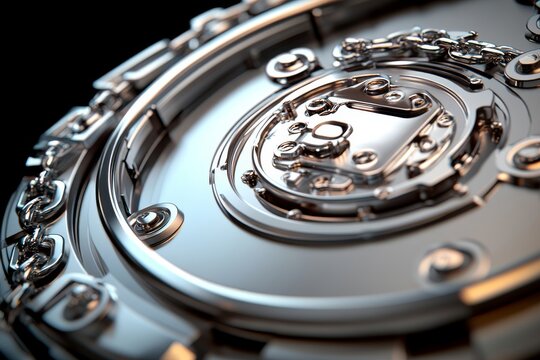 A hard drive chained and secured by a combination padlock, embodying the notion of data protection