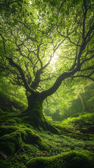 Fototapeta premium Lush Green Forest: Tranquil Nature Photography Capturing Sunlight and Foliage in a Vibrant, Serene Woodland Landscape