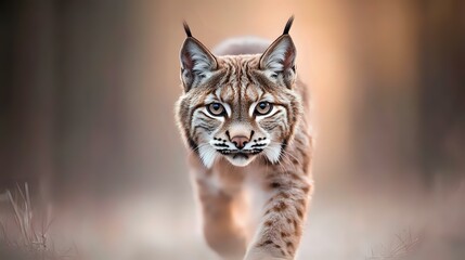 Obraz premium Majestic Eurasian lynx walking forward with intense gaze, sharp ears pointed upward, and distinctive facial fur tufts against blurred natural background.