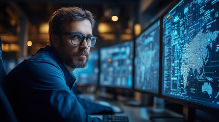 Fototapeta premium Focused professional analyzes data on multiple screens in a modern tech workspace during evening hours
