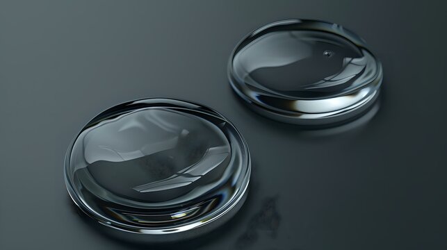 Contact lenses on dark background with water drops and reflective surface create modern minimalist composition for optical and healthcare concepts.