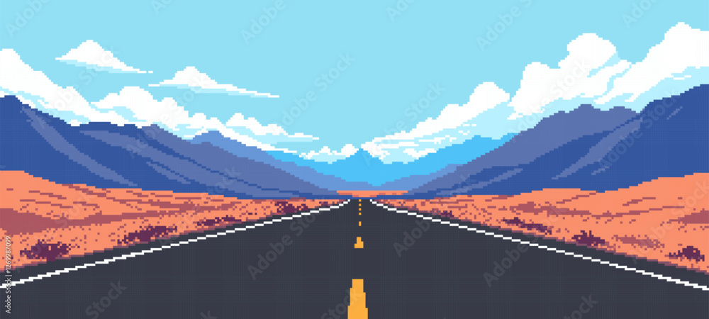 Poster 8-bit Pixel art road with mountains in the background. a video game aesthetic. an empty middle of the screen. retro video game graphics. vector illustration.