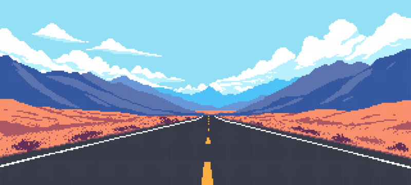 8-bit Pixel art road with mountains in the background. a video game aesthetic. an empty middle of the screen. retro video game graphics. vector illustration.
