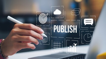 Person using stylus interacting with publish concept on laptop