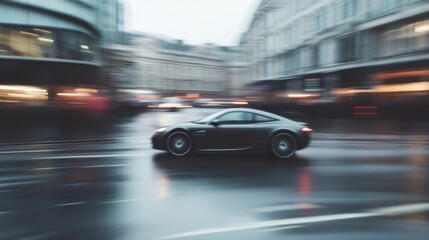 Fototapeta premium Rainy City Street, Fast Moving Car, Blurred Motion, Urban Scene, for Stock Photo Use