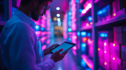 Professional analyzing data on tablet in high-tech storage facility with vibrant lighting