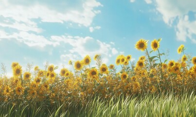 Radiant field of sunflowers swaying gently in a golden breeze, framed by glowing blue skies.