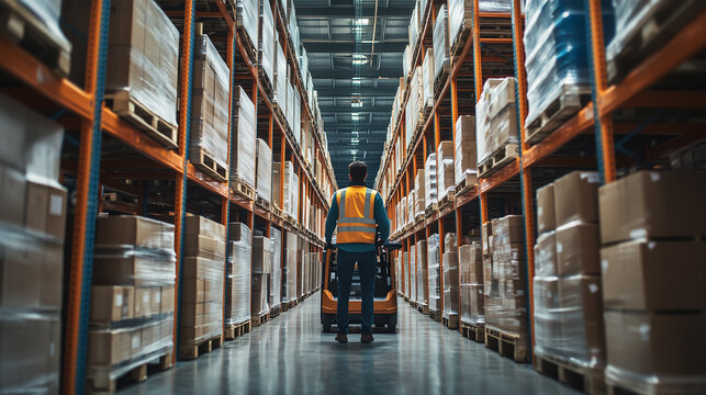 Warehouse worker operating pallet jack in large storage facility during business hours