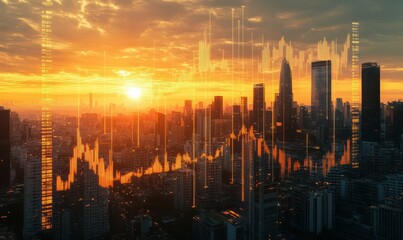 Fototapeta premium Skyline of a modern city with financial graphs overlayed, symbolizing economic growth and urban innovation under a golden sunset, sharp contrasts