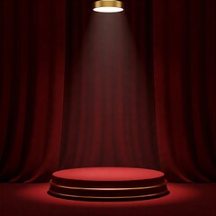 Elegant red stage podium with luxurious velvet curtains and dramatic spotlight, creating a perfect setting for product display, award ceremonies, or theatrical presentations.