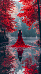 Red Autumn Forest Lake Reflection with Woman in Dress - Serene Nature Photography