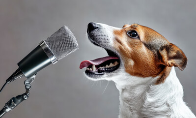 Side portrait of a dog barking into a microphone