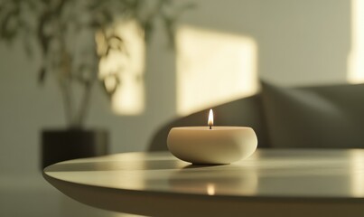 Soft-focus view of a lit candle on a minimal table with neutral tones and gentle shadows for a calm and reflective mood.