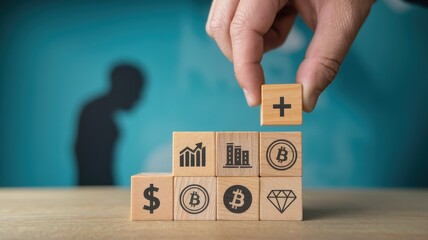 Hand placing plus sign block on financial growth pyramid