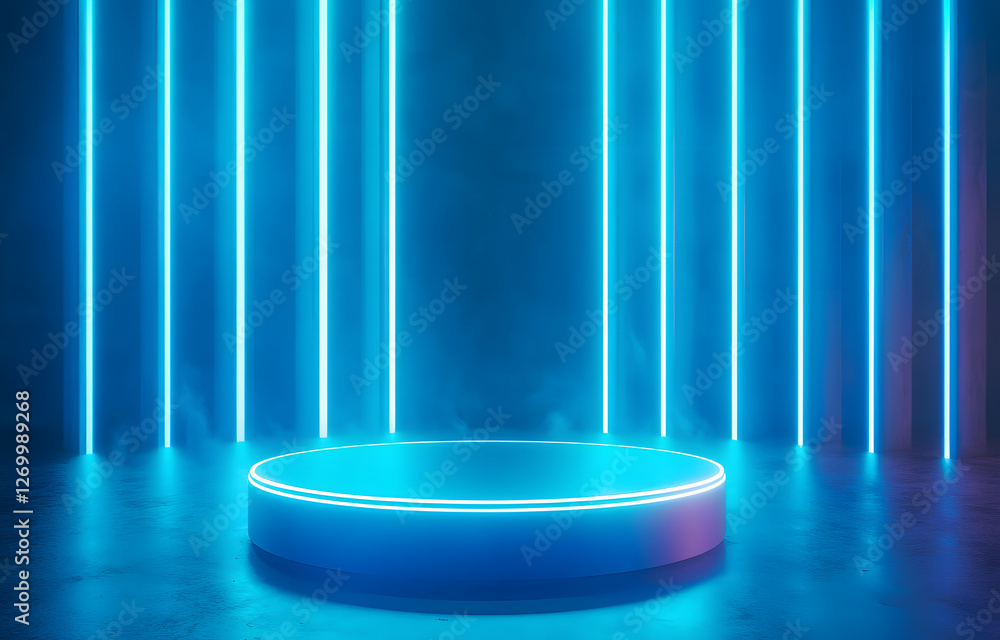 Poster dynamic neon stage setup modern event space visual media high-tech environment wide angle view creat