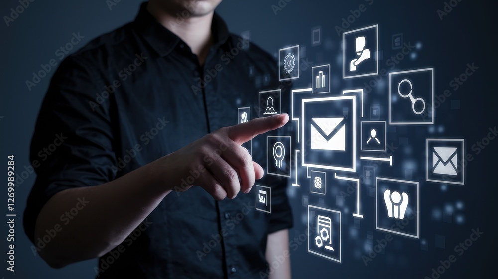 Poster man interacts with glowing digital icons on a dark background