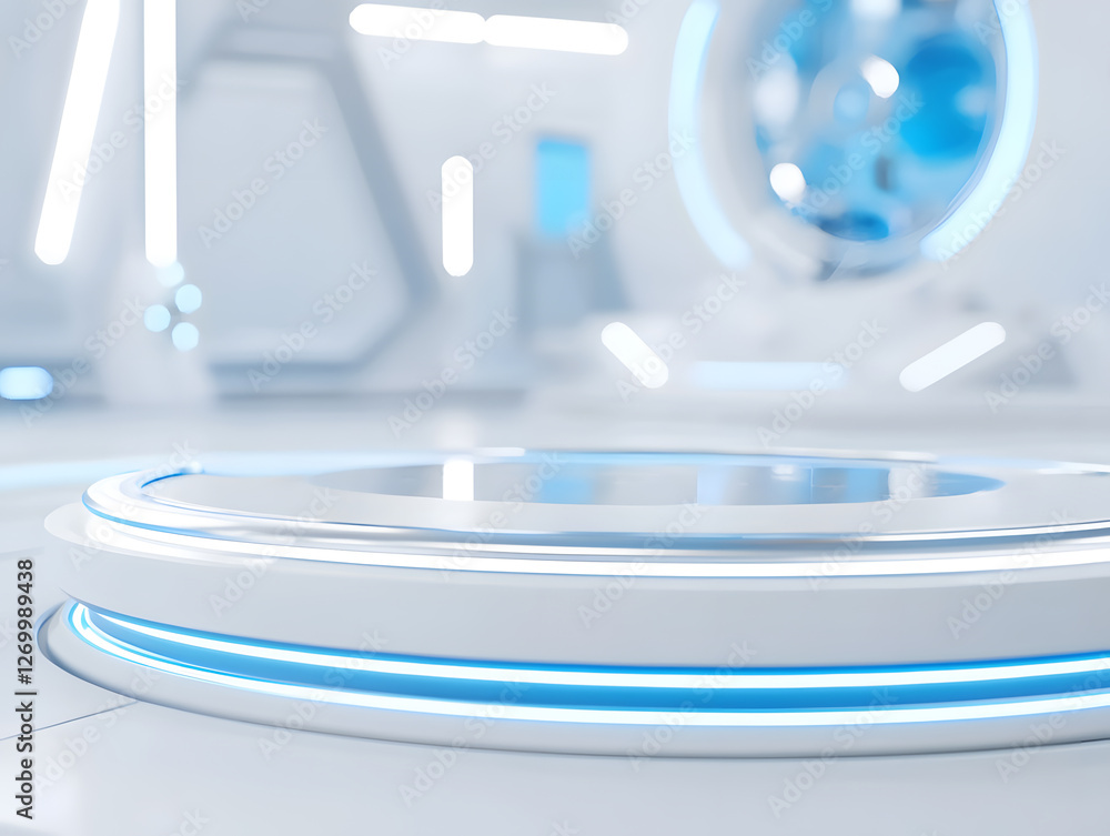 Poster futuristic technology showcase virtual lab digital display sleek environment eye-level perspective i