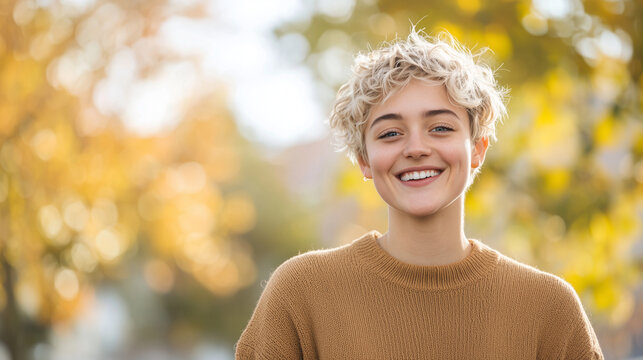 Joyful non-binary individual in natural light portrait