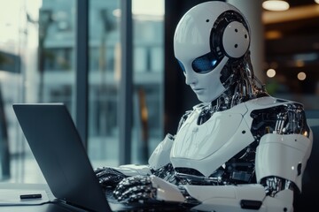 Humanoid robot working on laptop, embracing the future of artificial intelligence