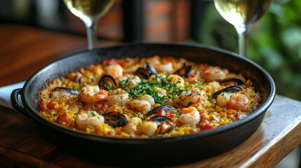 Enjoying a vibrant seafood paella served with white wine in a cozy dining setting