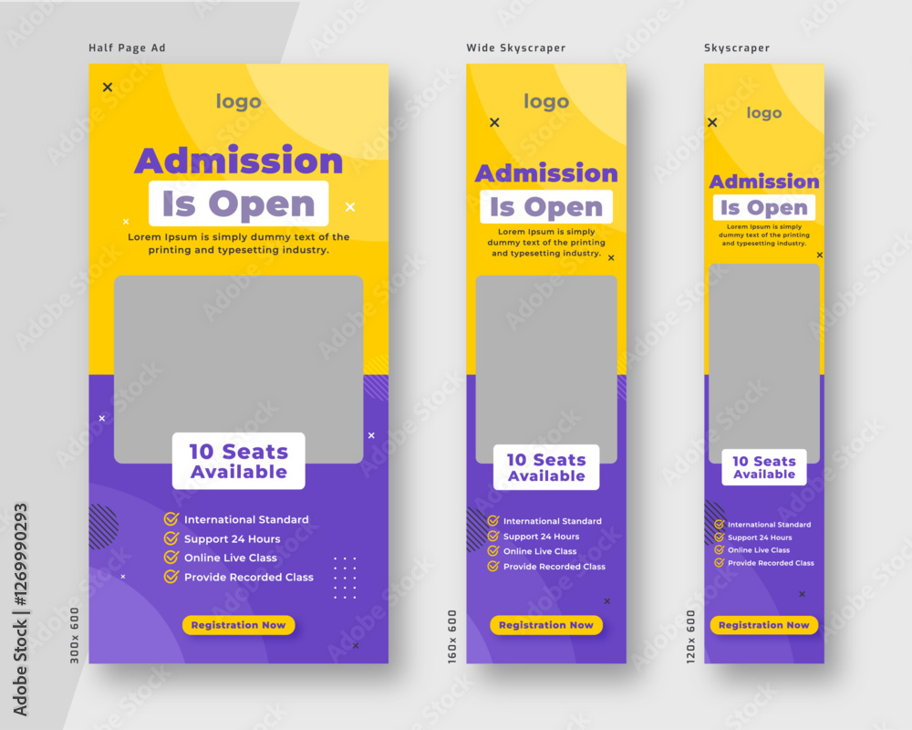 Wall mural education and admission web banner template. half page ad and wide skyscraper ad design set