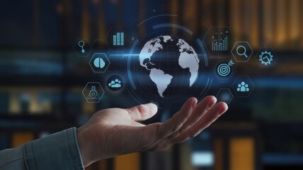 Hand presenting a digital globe surrounded by data icons
