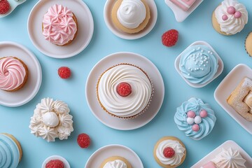 Cupcakes close-up decorated with whipped cream and berries on a light blue background. Top view. Banner for confectionery, bakery.