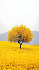 Serene Spring Landscape: Yellow Flowers in Vibrant Rural Field Under Blue Sky